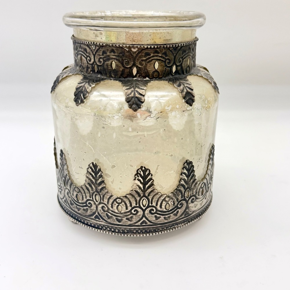 Pottery Barn Decor Mercury Glass Silver-Tone Metal Filigree Hurricane Vase 6.5"